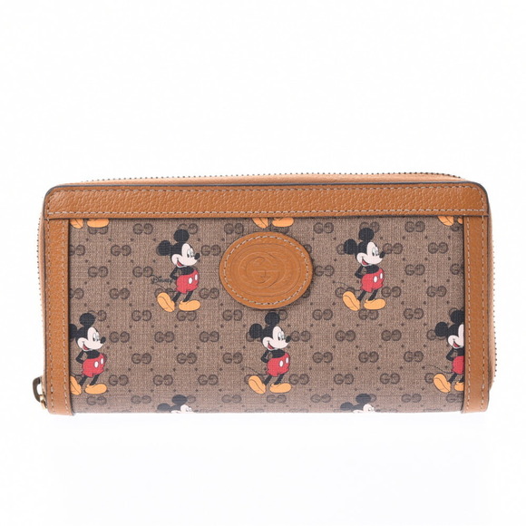 Gucci Handbags - Gucci Mickey Mouse Zip Around Long Wallet Brown Leather